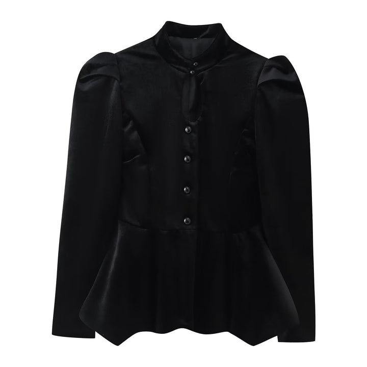 Women's Satin Blouse with Stand Collar, Puff Sleeves and Peplum Details Mune Fashion