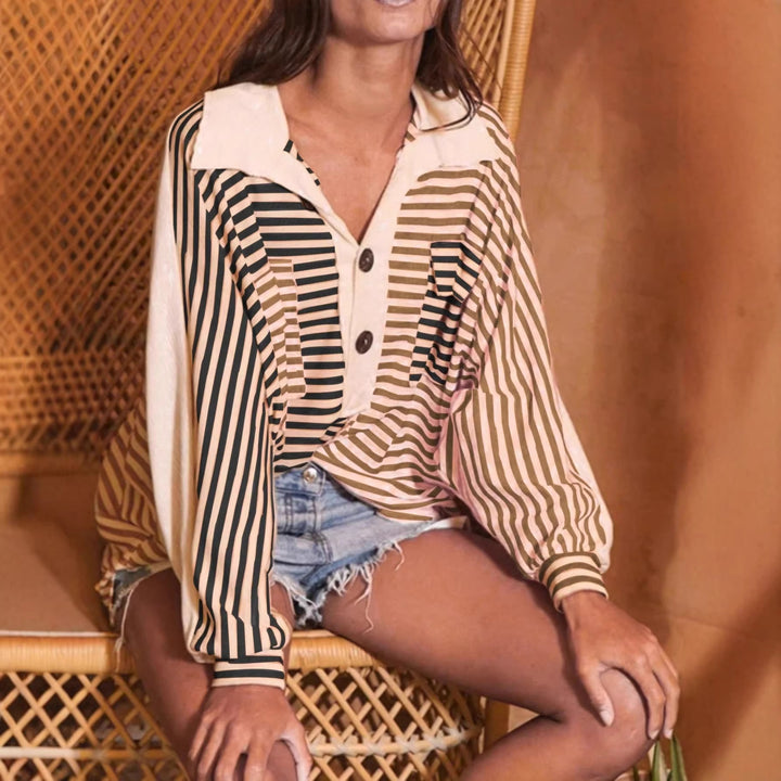 Women Oversized Shirt Blouse with Contrast Revers, Striped Pattern and Volume Sleeves Mune Fashion