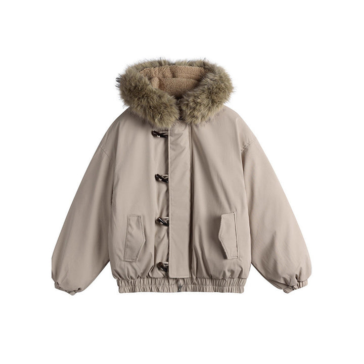 Unisex Padded Hooded Jacket in Boxy Cut with Teddy Lining, Faux Fur Collar and Toggle Closures Mune Fashion