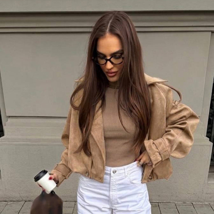 Women's Short Suede Leather Bomber Jacket with Voluminous Lapels, Epaulettes, and Fitted Elastic Hem Mune Fashion
