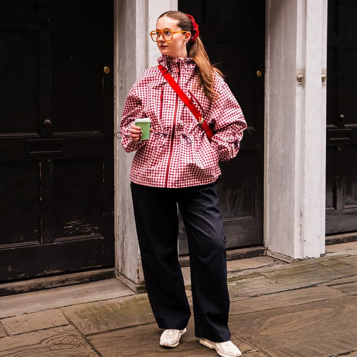 Women's Check Windbreaker with Waist Drawstring, Hood and Zipper Mune Fashion