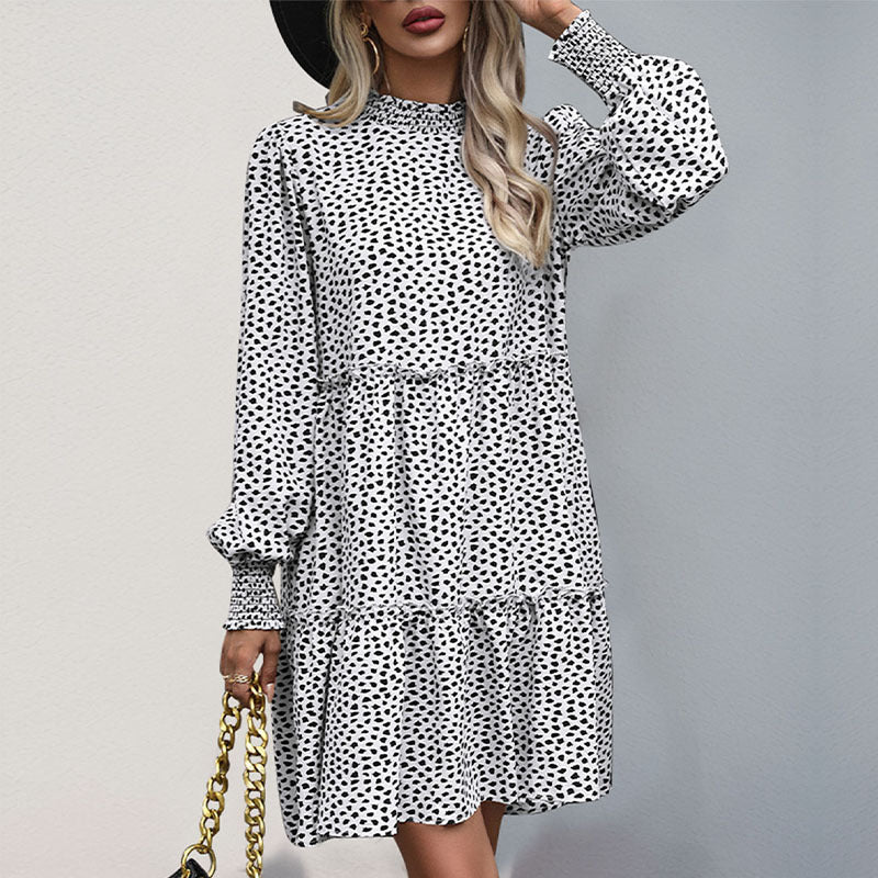Women Loose Tiered Mini Dress with Smocked Collar, Ruffle Seam and Long Sleeves Mune Fashion