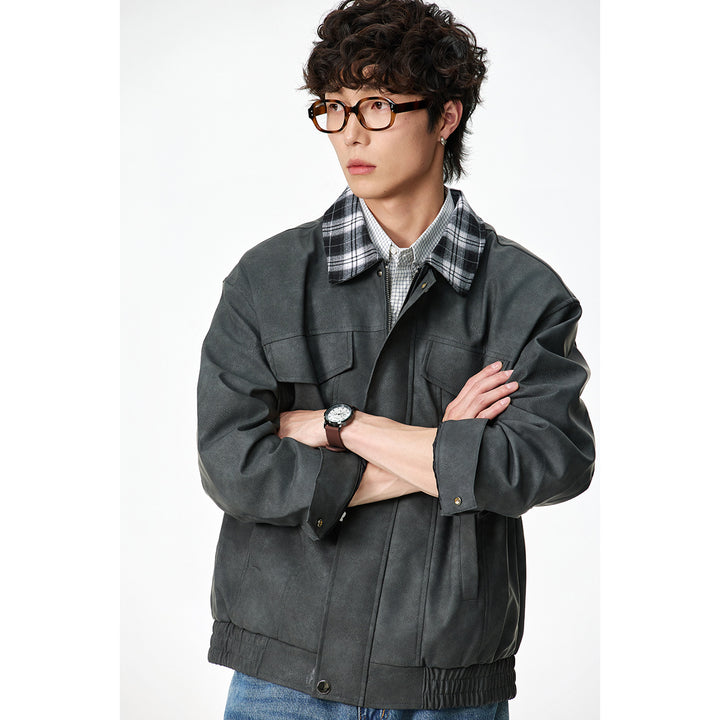Men's Boxy Faux Leather Blouson with Checked Turn-Down Collar and Flap Pockets
