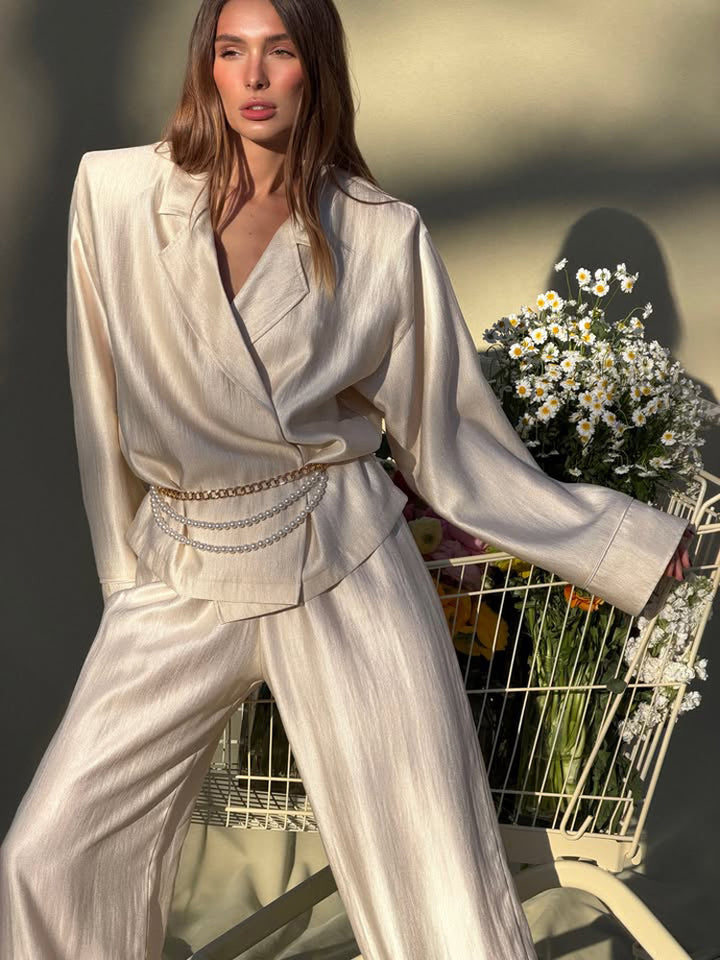 Women's satin two-piece set with wrap blouse, wide pants and elastic waistband Mune Fashion