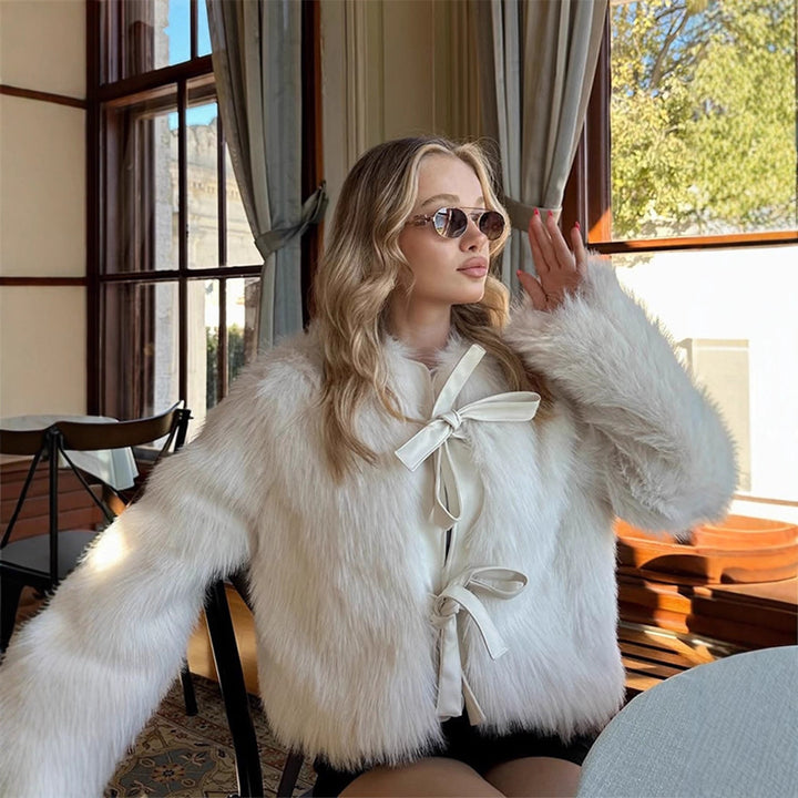 Women's Short Cut Faux Fur Coat with Decorative Ribbons and Boxy Silhouette Mune Fashion