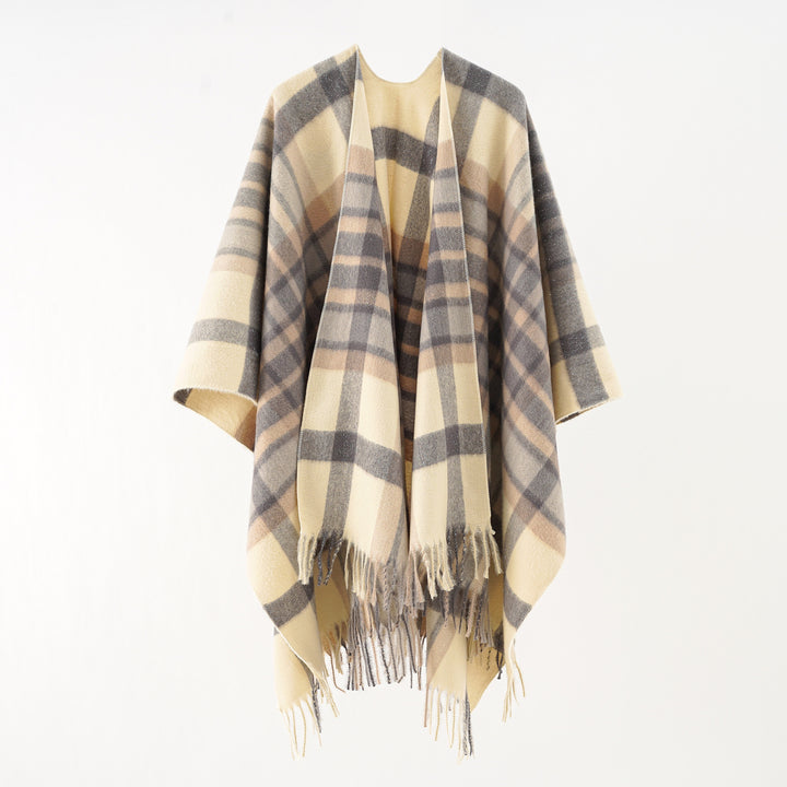 Women Oversized Checkered Wool Poncho with Fringes Mune Fashion