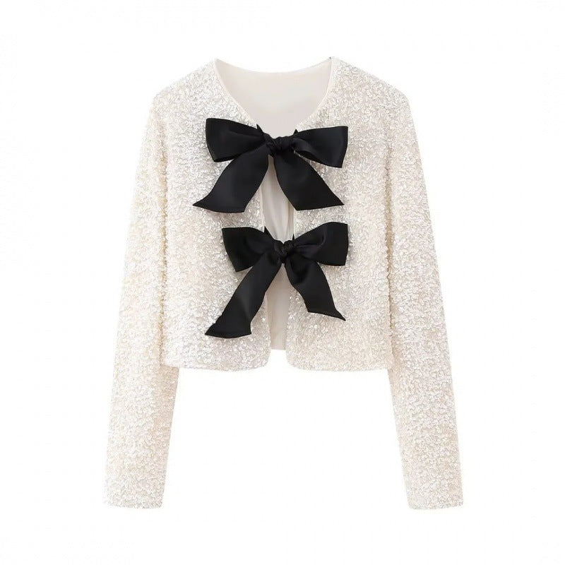 Women Sequin Bolero Jacket with Decorative Satin Bows Mune Fashion