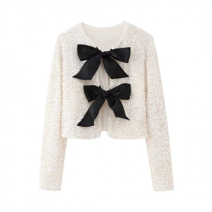 Women Sequin Bolero Jacket with Decorative Satin Bows Mune Fashion