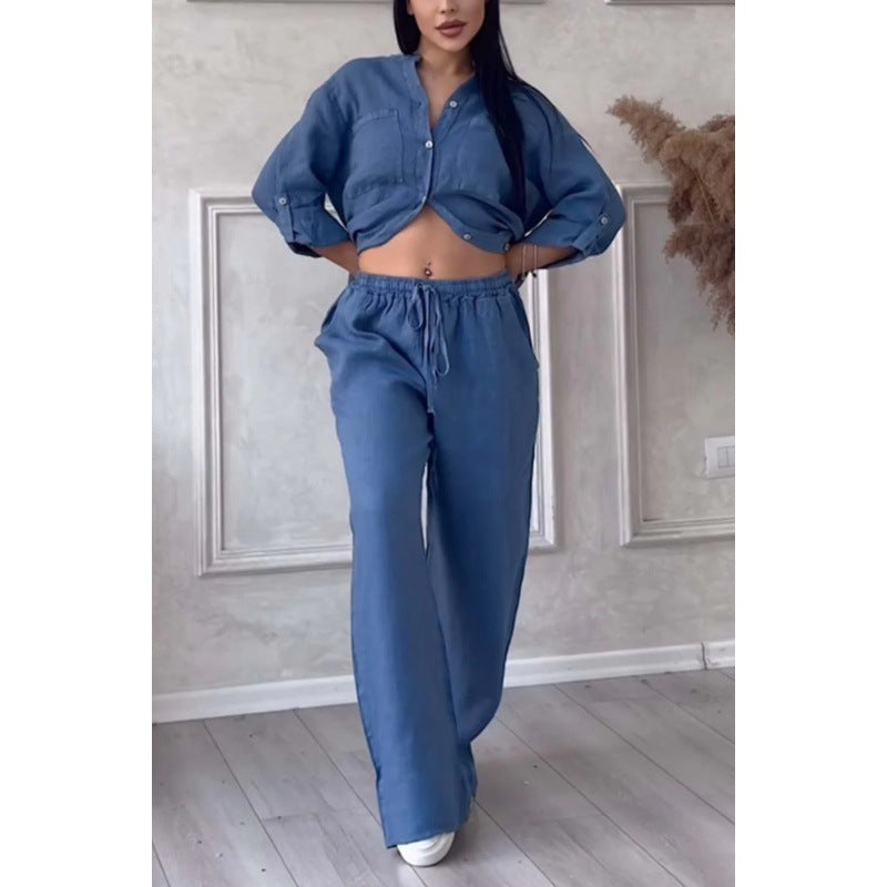 Women's Wide Linen Blend Pants with High Elastic Waistband, Drawstring and Palazzo Silhouette Mune Fashion