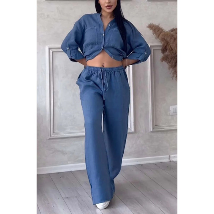 Women's Wide Linen Blend Pants with High Elastic Waistband, Drawstring and Palazzo Silhouette Mune Fashion