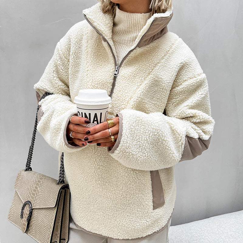 Women's Oversized Sherpa-Fleece Pullover with Half Zipper and Kangaroo Pocket Mune Fashion