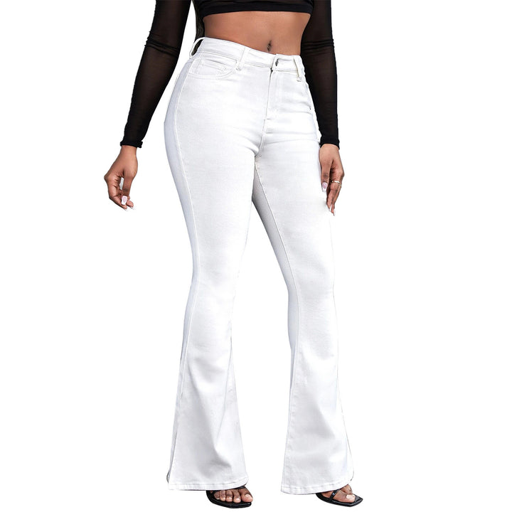 Women’s high-waisted flared trousers made of stretch denim with a center seam and figure-hugging cut Mune Fashion
