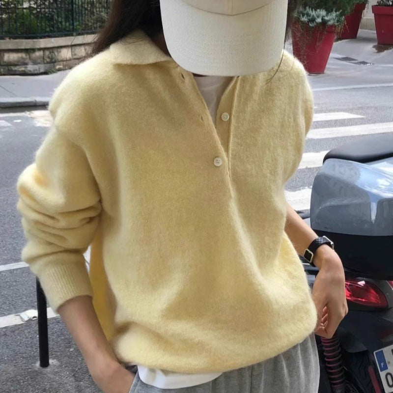 Women's Soft Hoodie in Mohair Look with Deep V-Neck and Half Button Placket Mune Fashion
