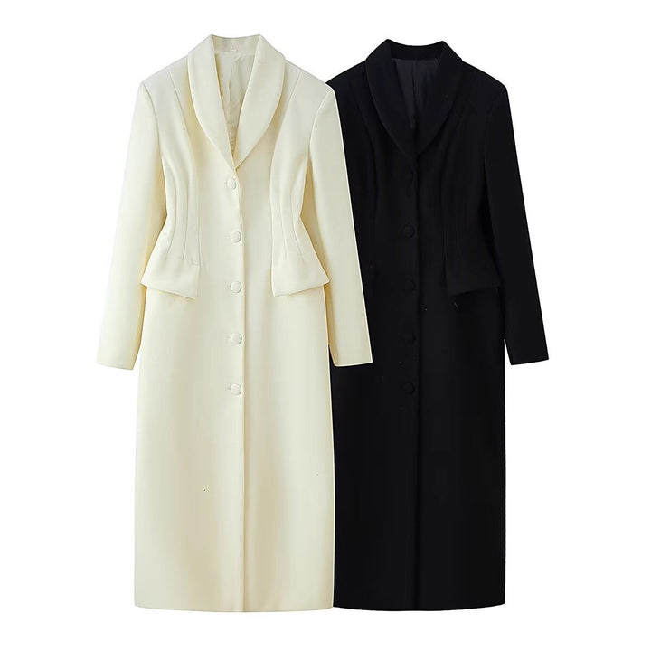 Women's tailored long coat with shawl collar and peplum waist Mune Fashion