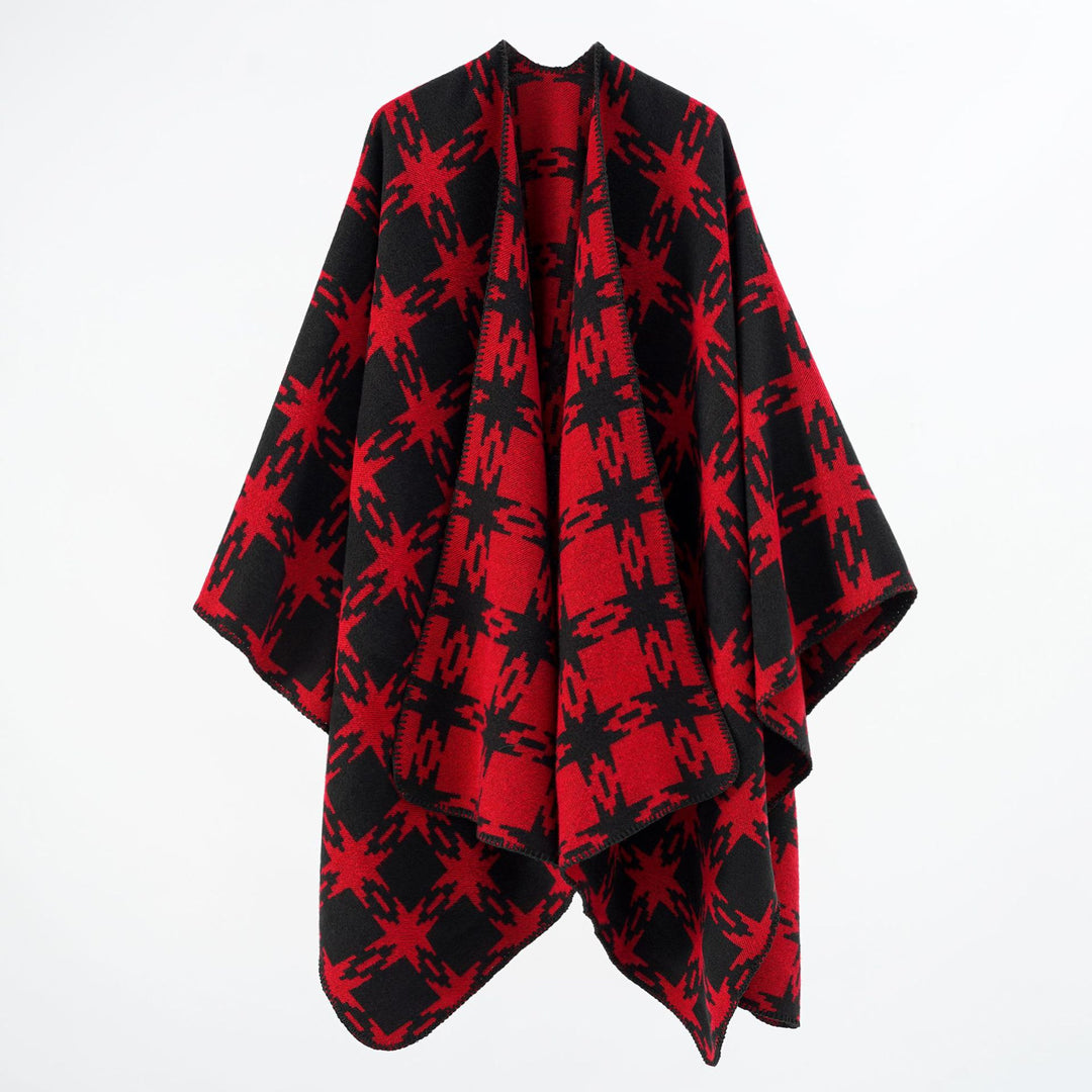 Women's Oversized Jacquard Cape with Star Motif and Contrasting Overlock Edge Mune Fashion