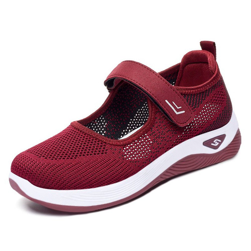 Ladies' breathable knitted Mary Jane with adjustable hook-and-loop strap, sock-like entry and cushioning EVA wave outsole Mune Fashion