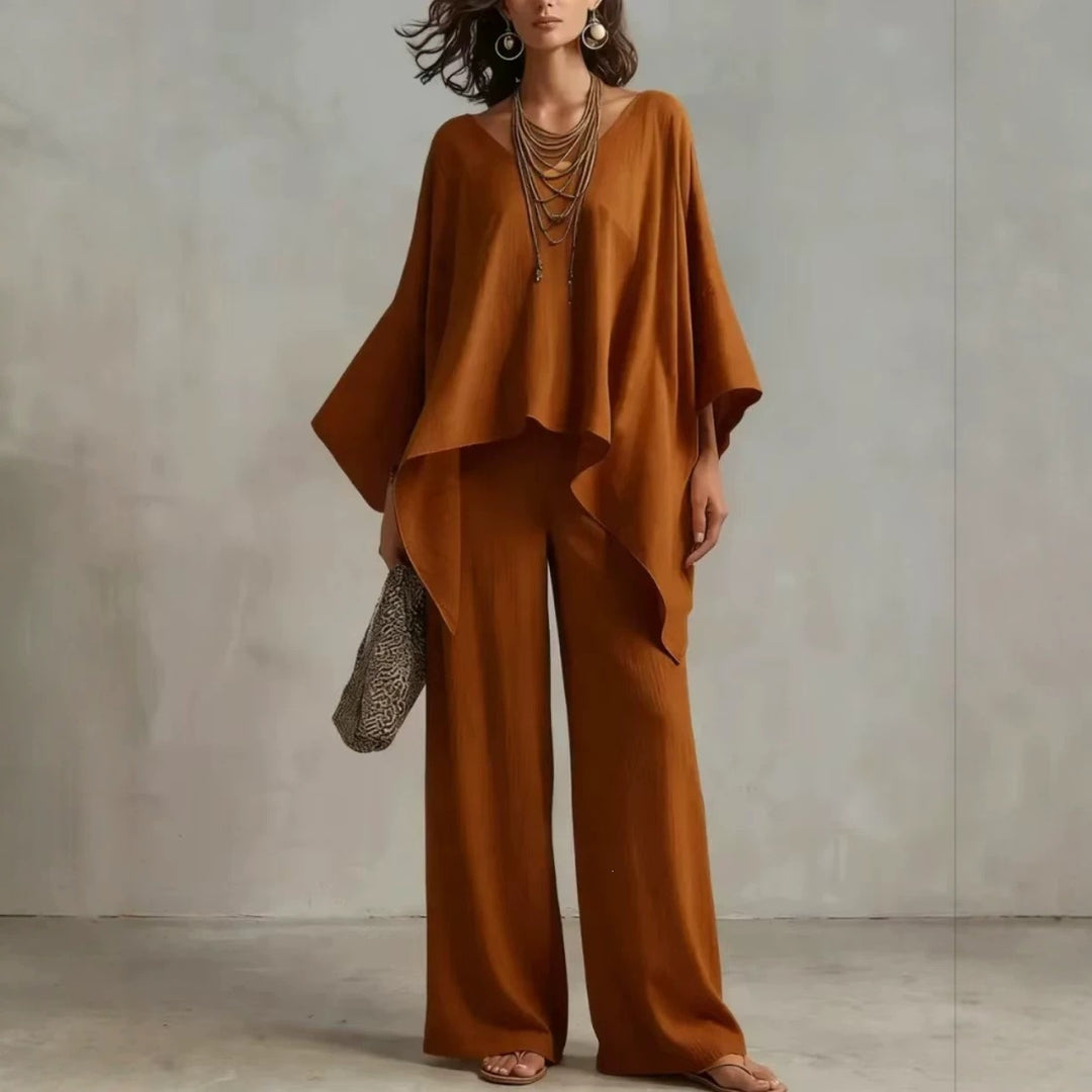Women's Two-Piece Set with Oversized Poncho Top and Wide Palazzos Pants EB