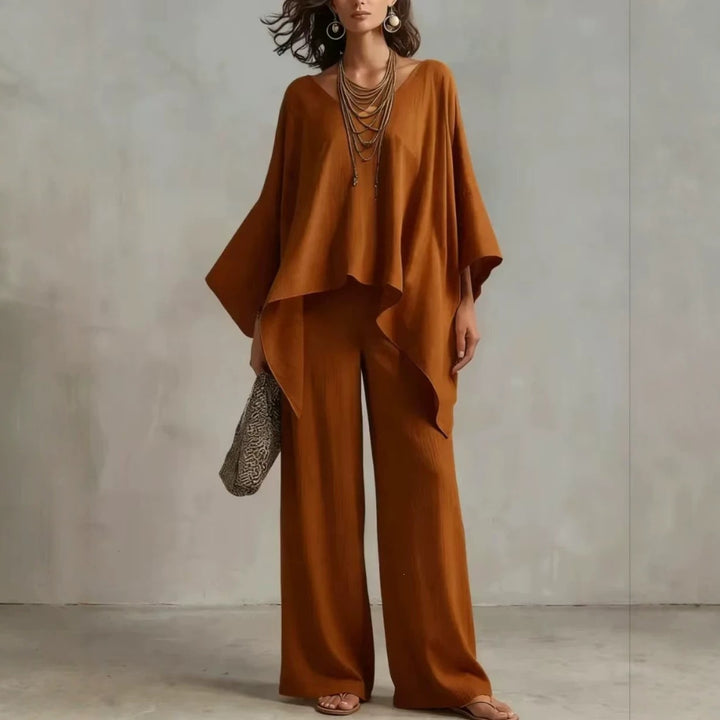 Women's Two-Piece Set with Oversized Poncho Top and Wide Palazzos Pants EB