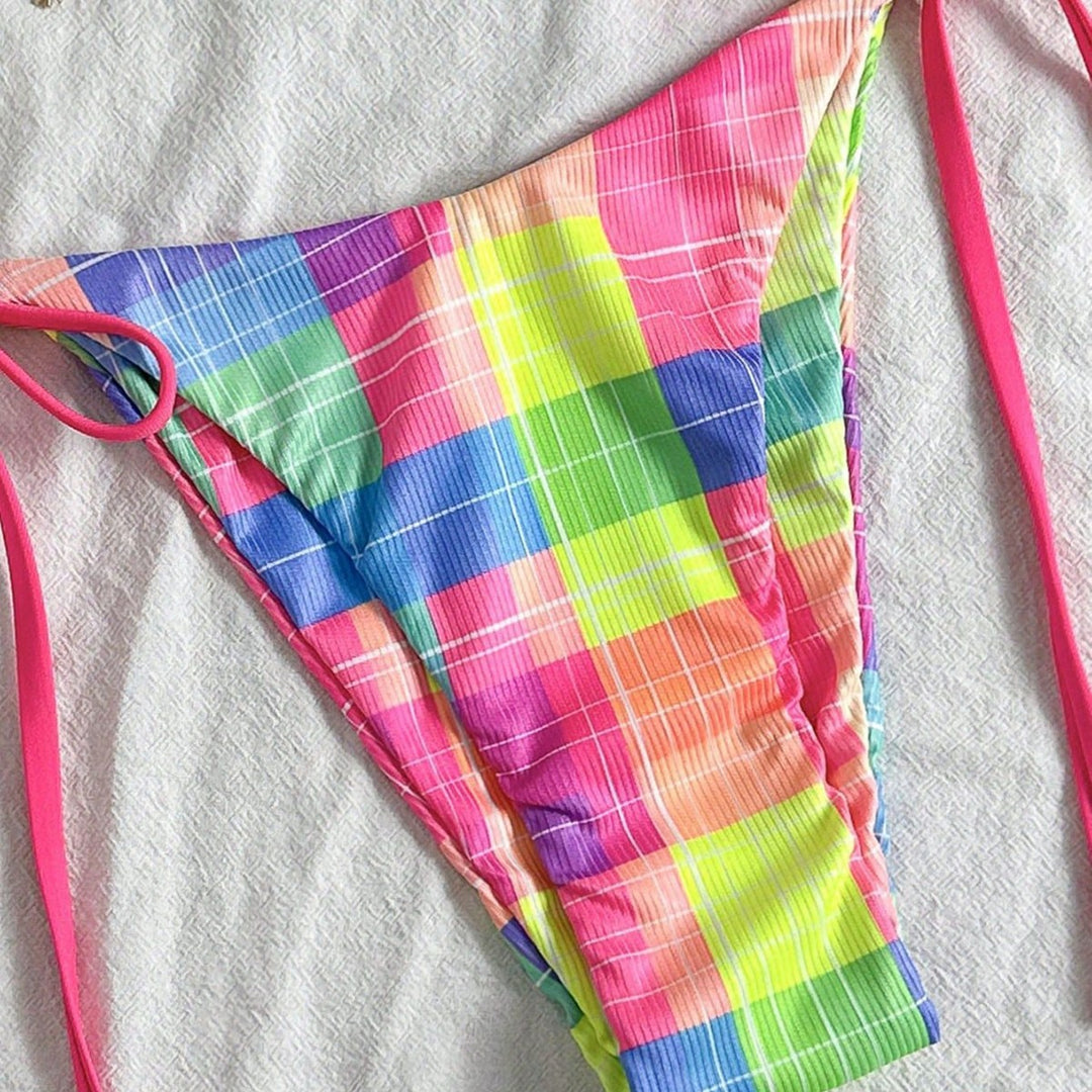 Women Multicolored Checkered Triangle Bikini with Side Ties Mune Fashion