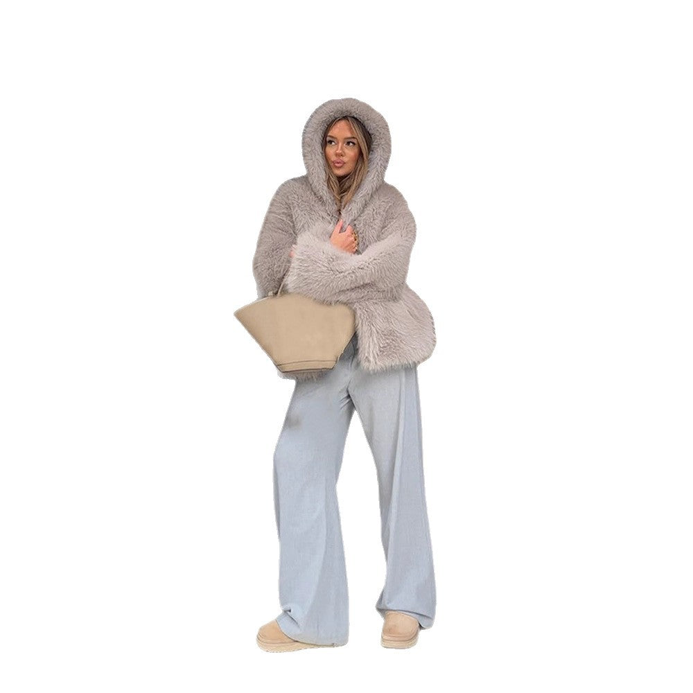 Women's Cozy Short Faux Fur Jacket with Extra Voluminous Hood Mune Fashion