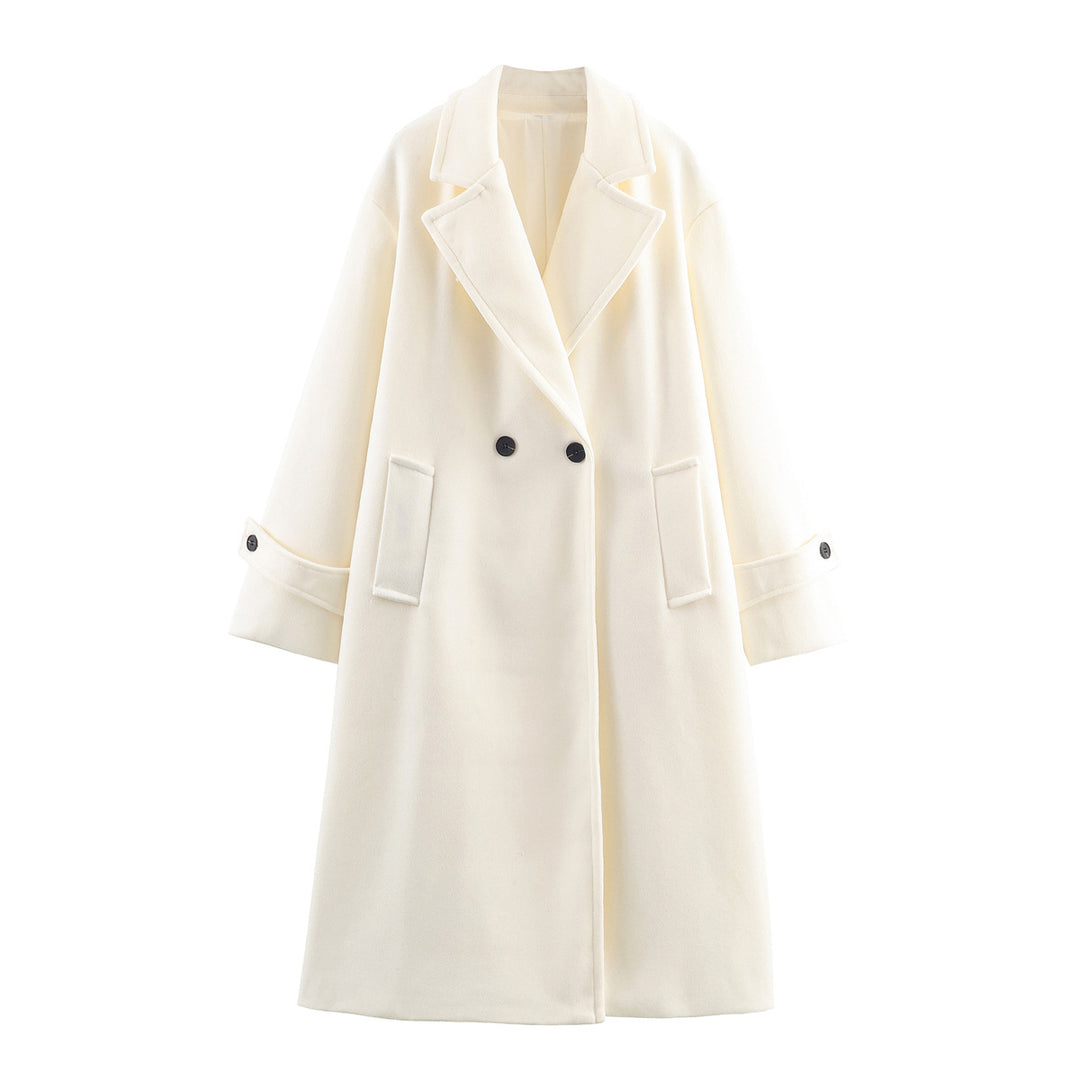 Women Oversized Wool Blend Coat with Double-Breasted Closure, Wide Lapels and Sleeve Tabs Mune Fashion