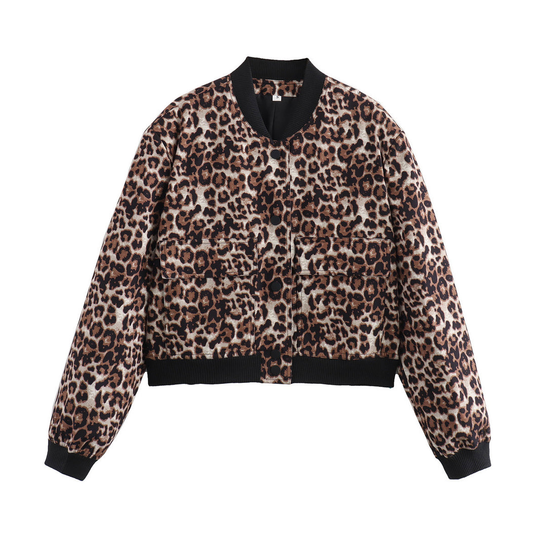 Women's short bomber jacket with leopard print, ribbed cuffs & flap pockets Mune Fashion