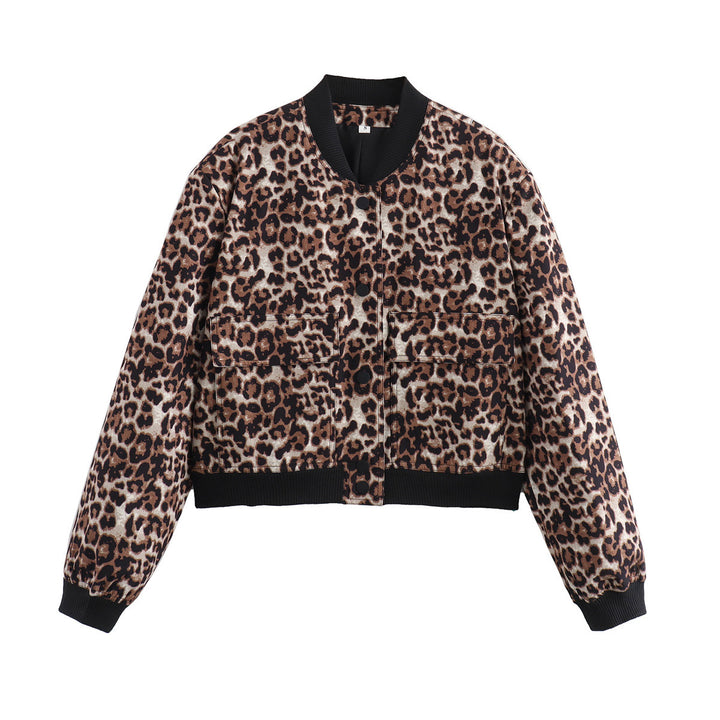 Women's short bomber jacket with leopard print, ribbed cuffs & flap pockets Mune Fashion