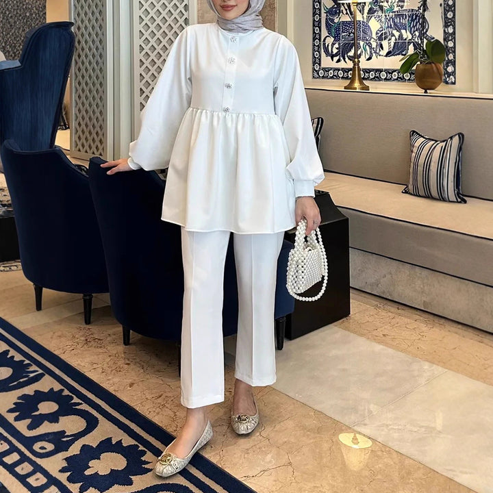 Women's Elegant Tunic-Pants Set with Ruffled Empire Tunic and Slim Suit Pants Drune