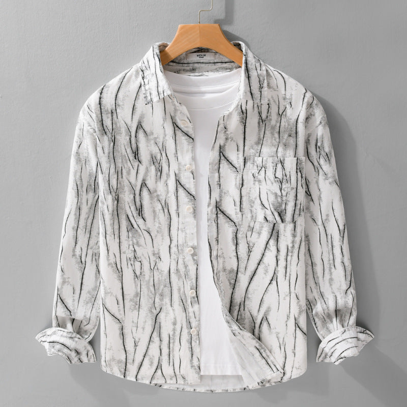Men's Elegant-Relaxed Linen Blend Shirt with Artistic Brush Stroke Print and Chest Pocket Mune Fashion