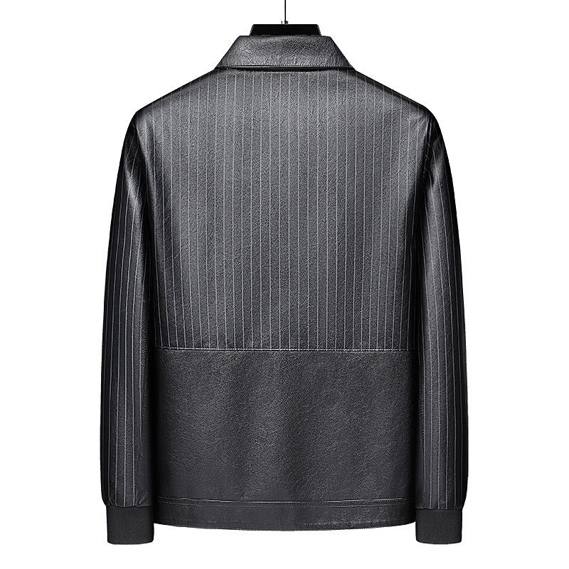 Men's Pinstripe Faux Leather Trucker Jacket with Snap Front and Ribbed Cuffs Mune Fashion
