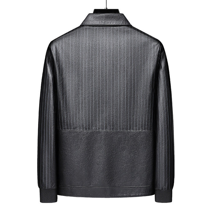 Men's Pinstripe Faux Leather Trucker Jacket with Snap Front and Ribbed Cuffs Mune Fashion