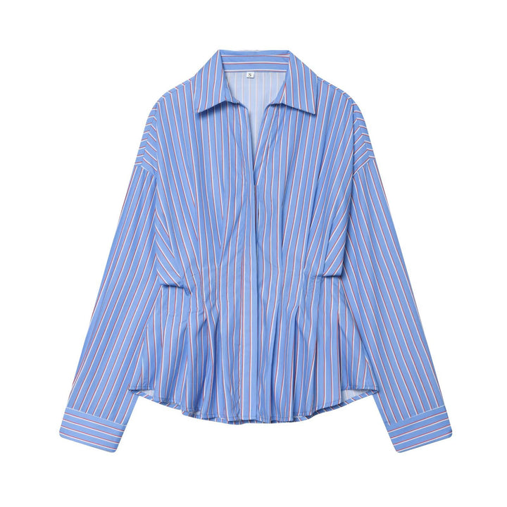 Women's Oversized Shirt with Waist Drawstring and Fine Striped Pattern Mune Fashion