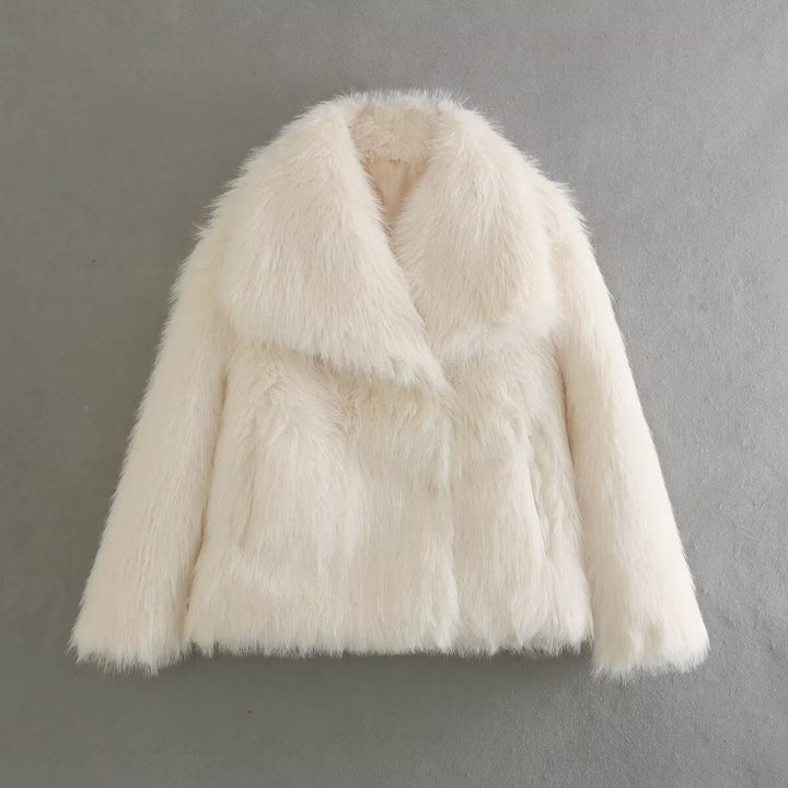Ladies Short Boxy Faux Fur Jacket with Wide Shawl Collar and Long Fiber Faux Fur Mune Fashion