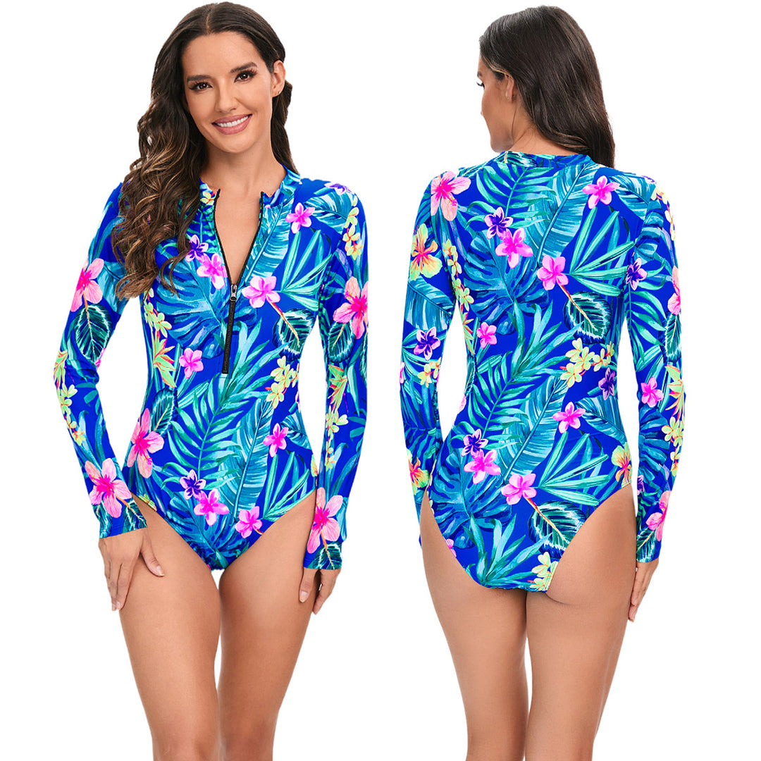 Women Sporty Long Sleeve Swimsuit with Floral Accents Mune Fashion