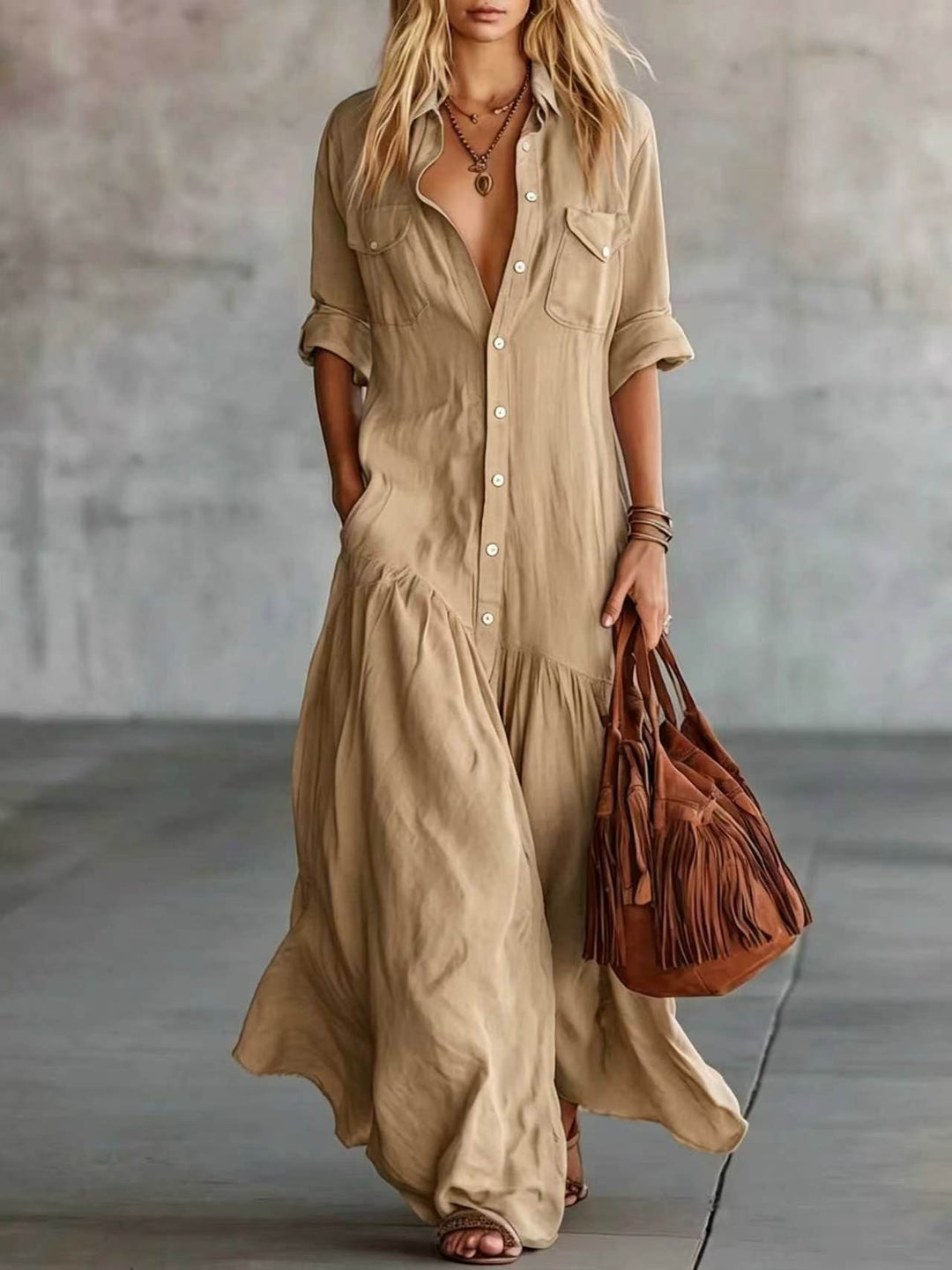 Ladies Long Flowing Shirt Blouse Maxi Dress with Button Placket, Applied Breast Pockets and Side Insert Pockets Mune Fashion