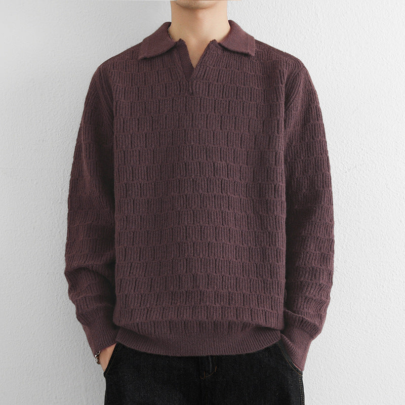 Men's fine knit polo sweater with textured knitting and open V-neck Mune Fashion