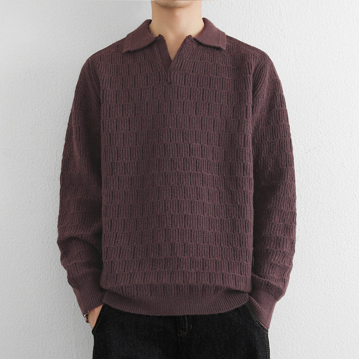 Men's fine knit polo sweater with textured knitting and open V-neck Mune Fashion