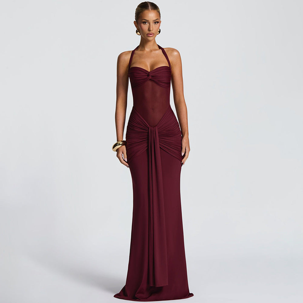 Women's figure-hugging halter evening dress with transparent mesh insert and gathered hip area Mune Fashion