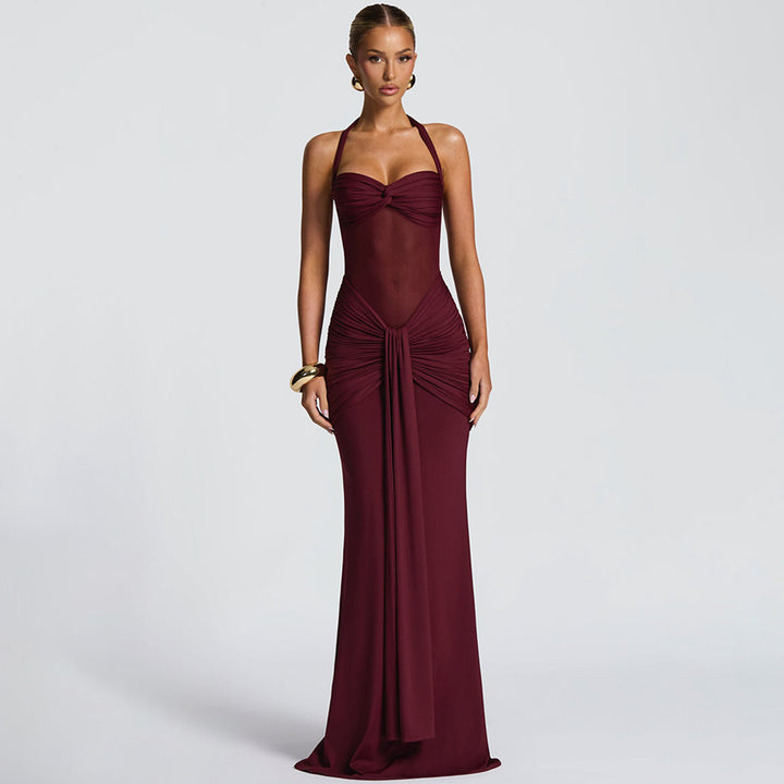 Women's figure-hugging halter evening dress with transparent mesh insert and gathered hip area Mune Fashion