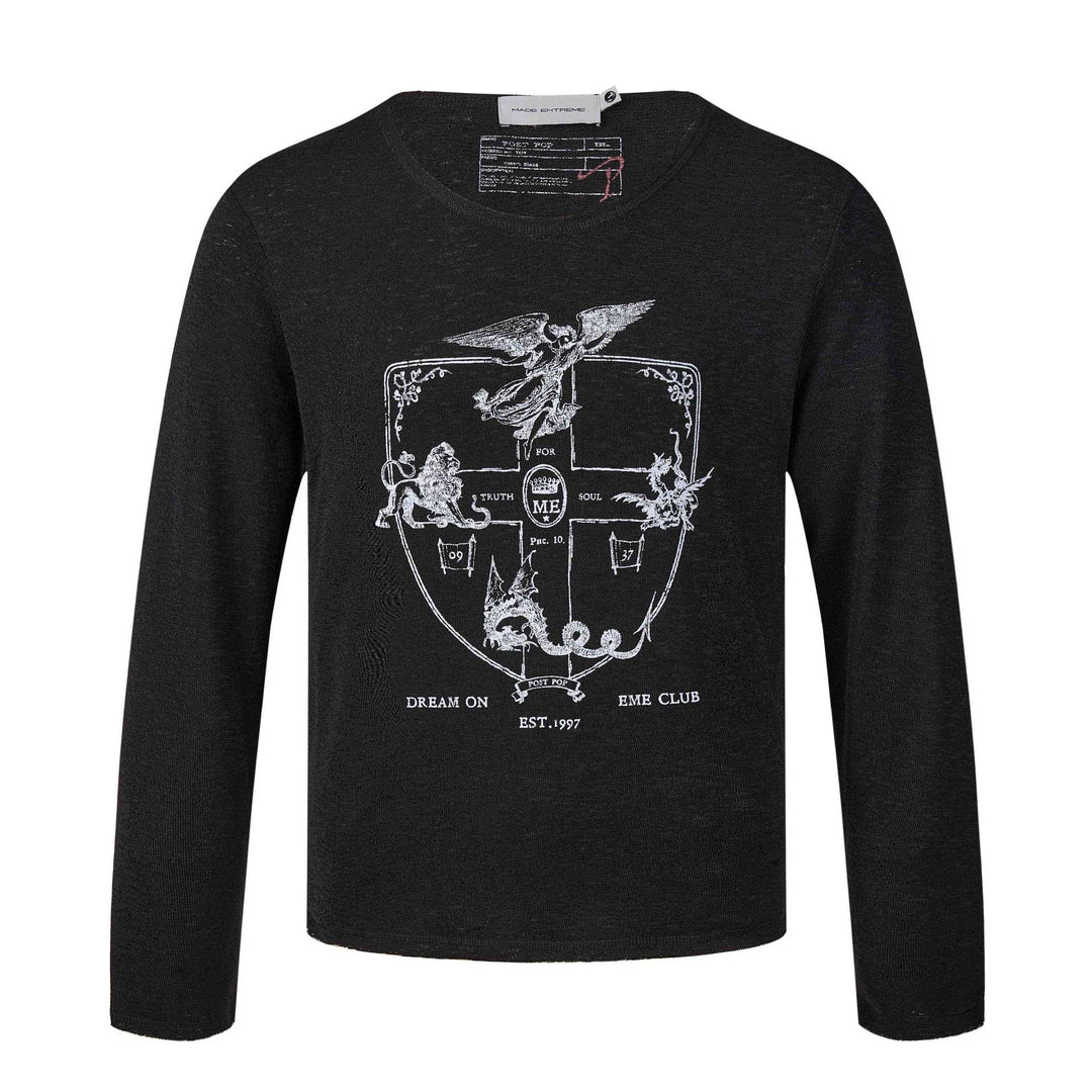 Unisex Long Sleeve Fine Knit Shirt with Crest Print Mune Fashion