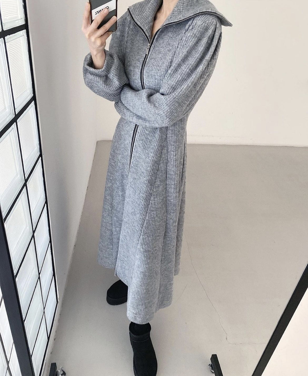 Women's Ribbed Knit Midi Dress with Zip Collar and Flared Skirt Mune Fashion