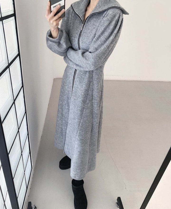 Women's Ribbed Knit Midi Dress with Zip Collar and Flared Skirt Mune Fashion