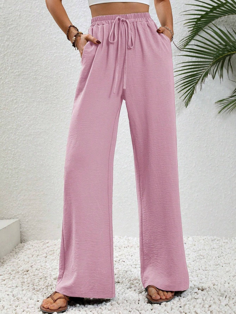 Women's Light Palazzo Pants with Elastic Waistband, Drawstring, and Side Pockets Mune Fashion