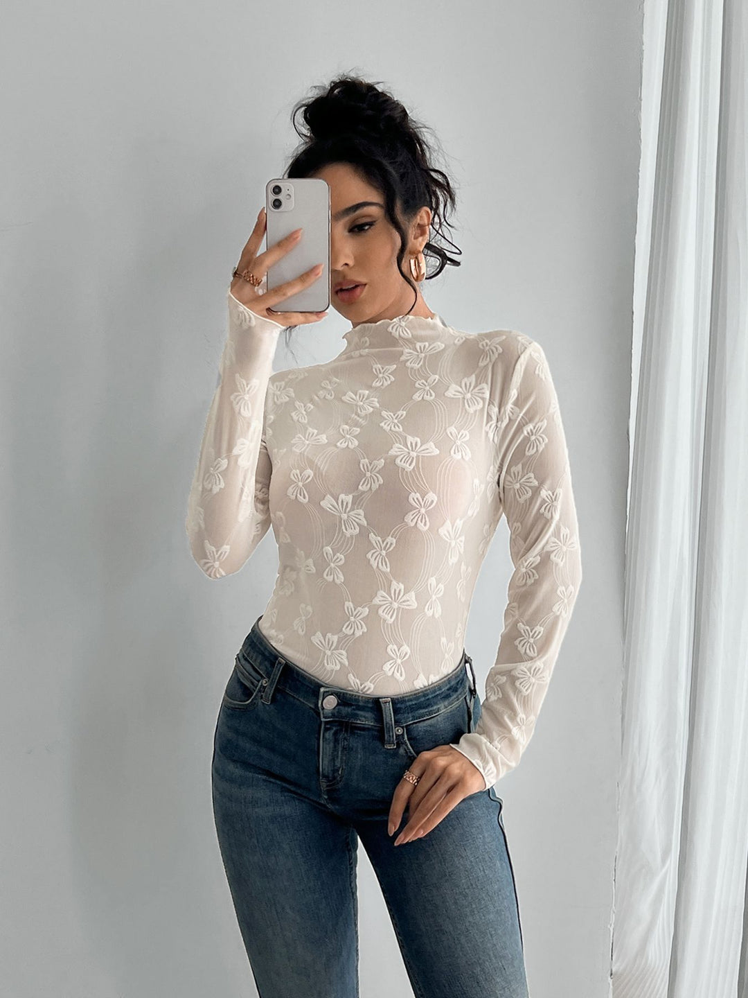 Women's figure-hugging transparent long sleeve top made of mesh fabric with floral embroidery and standing collar Mune Fashion