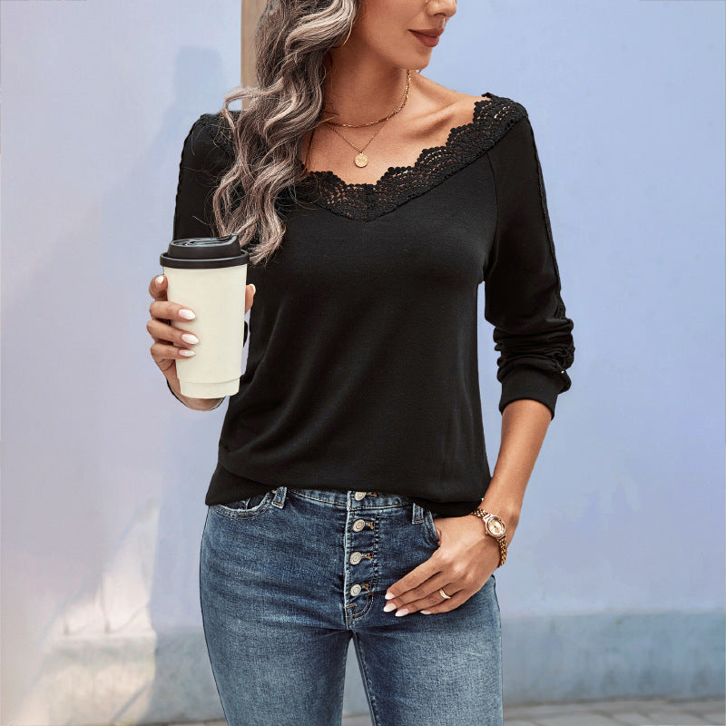 Ladies Elegant Knit Top with Lace Accents Mune Fashion
