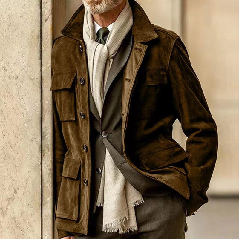 Men's Tailored Field Jacket with Tie Belt, Flap Pockets and Kent Collar Mune Fashion