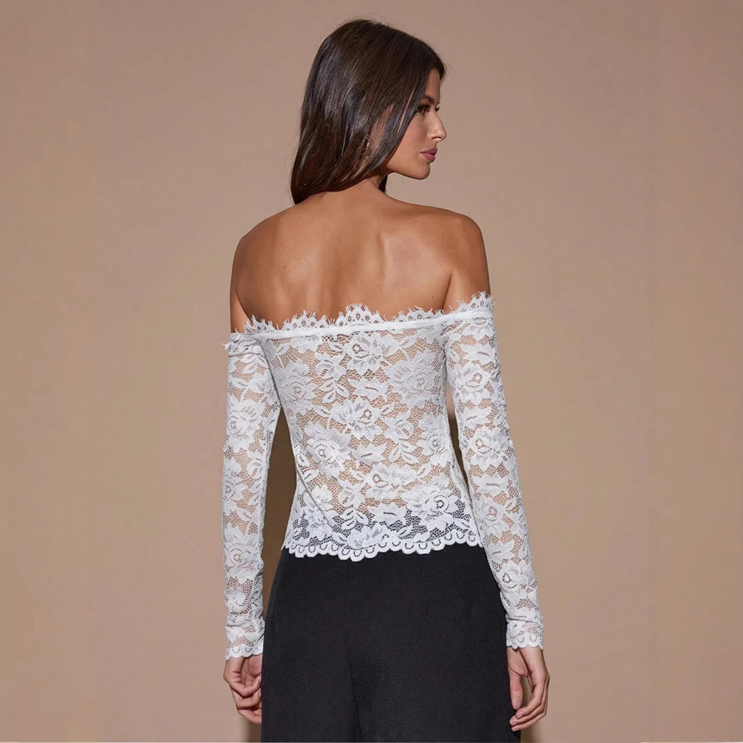 Women’s off-the-shoulder semi-transparent lace top with Carmen neckline, gathering at the bustier and long sleeves Mune Fashion