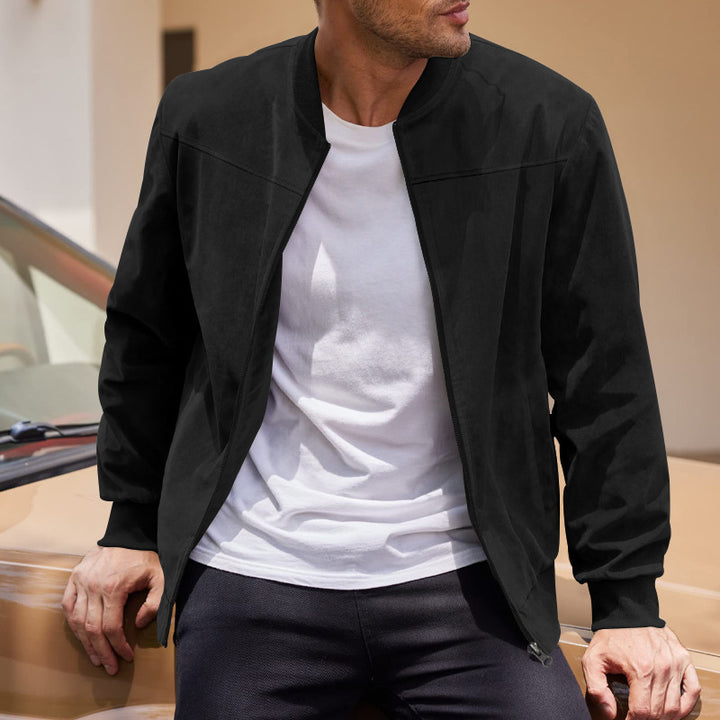 Men's faux suede bomber jacket with stand-up collar, ribbed cuffs, and concealed zipper Mune Fashion