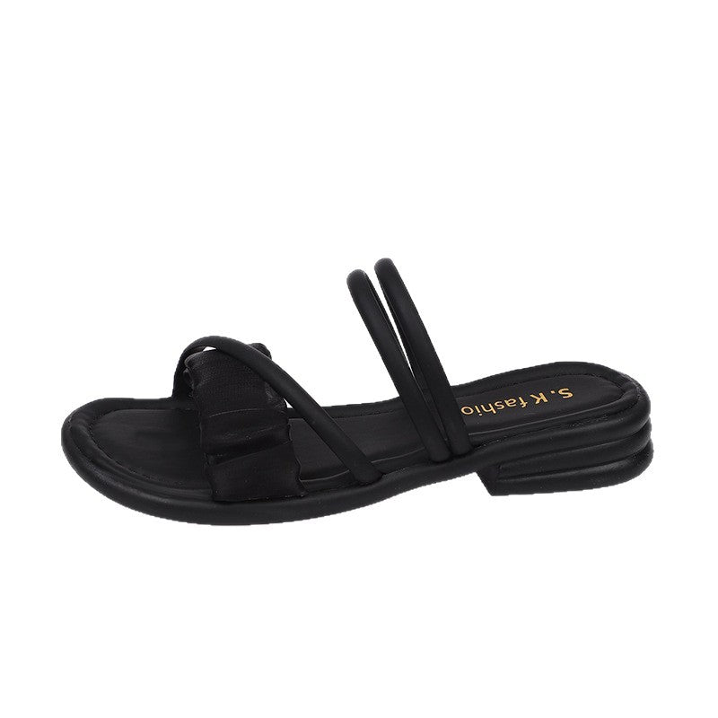 Women's strap slides with toe ring, padded comfort footbed and low block heel Mune Fashion