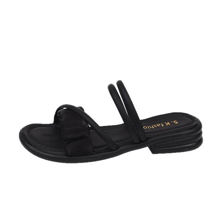 Women's strap slides with toe ring, padded comfort footbed and low block heel Mune Fashion